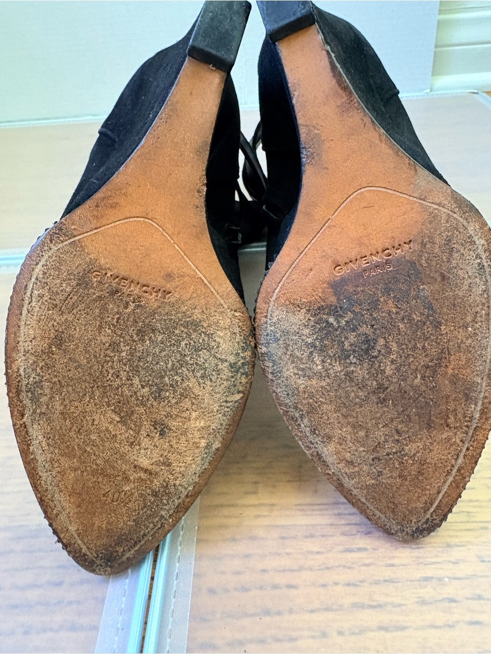 Givenchy Black Suede Wedge Ankle Boots Gold-Tone Shark Tooth Clasp • Size 40.5 - Picture 10 of 15